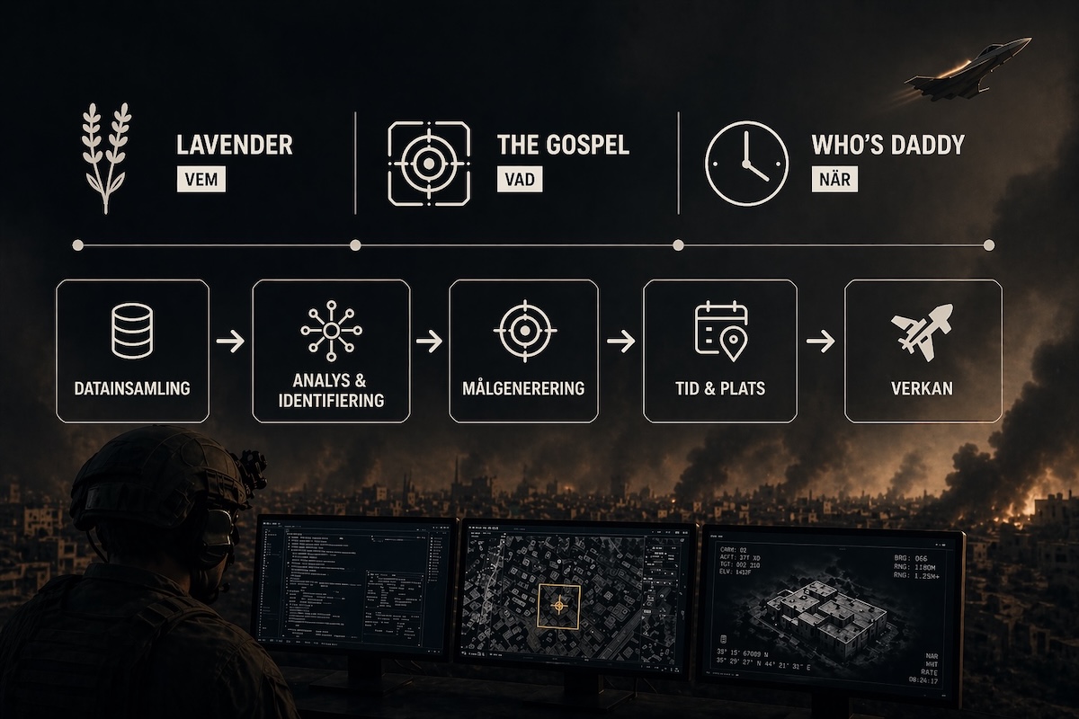 israels pipeline för killchain med Lavender, Who's Daddy och Gospel